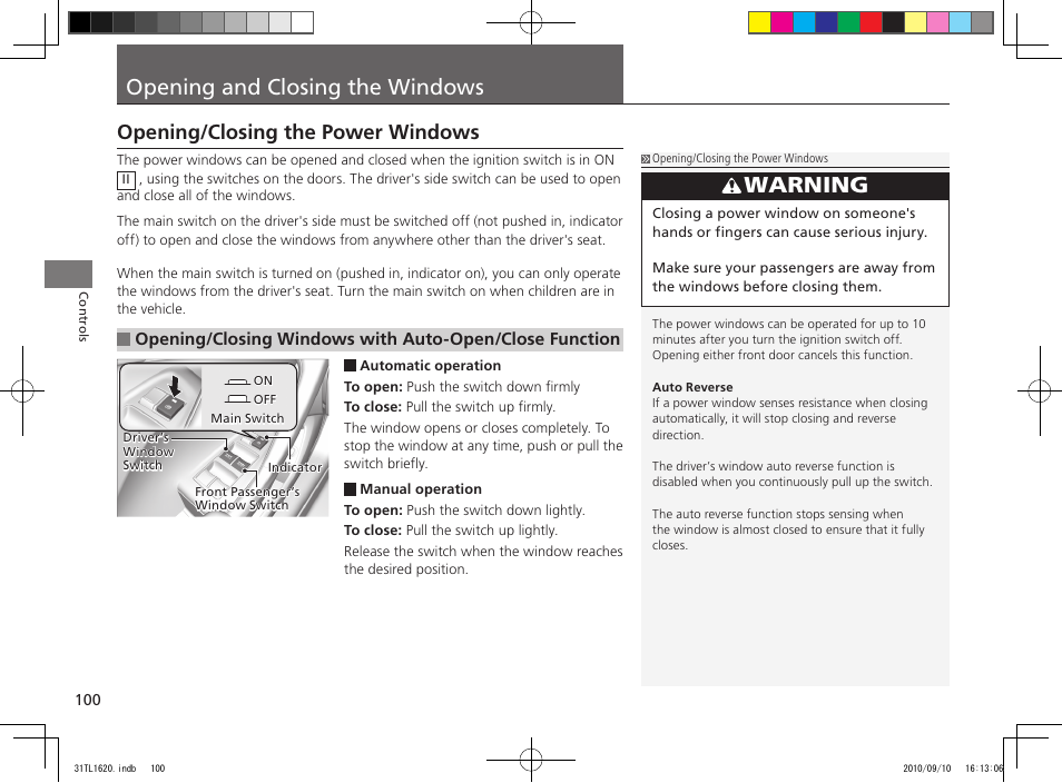 Opening and closing the windows, Warning, Opening/closing the power windows | Acura 2011 TSX User Manual | Page 102 / 325
