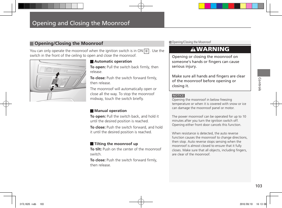 Opening and closing the moonroof, Warning | Acura 2011 TSX User Manual | Page 105 / 325