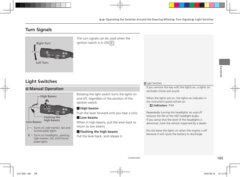 Turn signals, Light switches, Manual operation | Acura 2011 TSX User Manual | Page 107 / 325