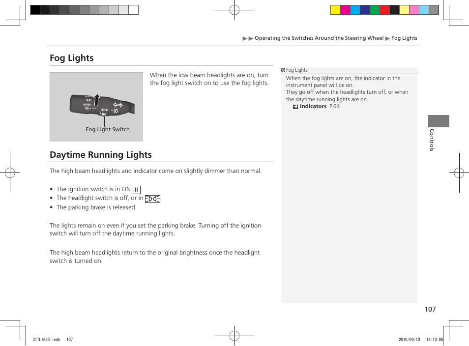 Fog lights, Daytime running lights | Acura 2011 TSX User Manual | Page 109 / 325