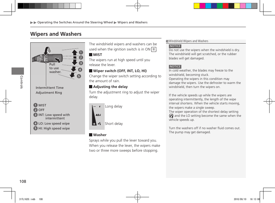 Wipers and washers | Acura 2011 TSX User Manual | Page 110 / 325