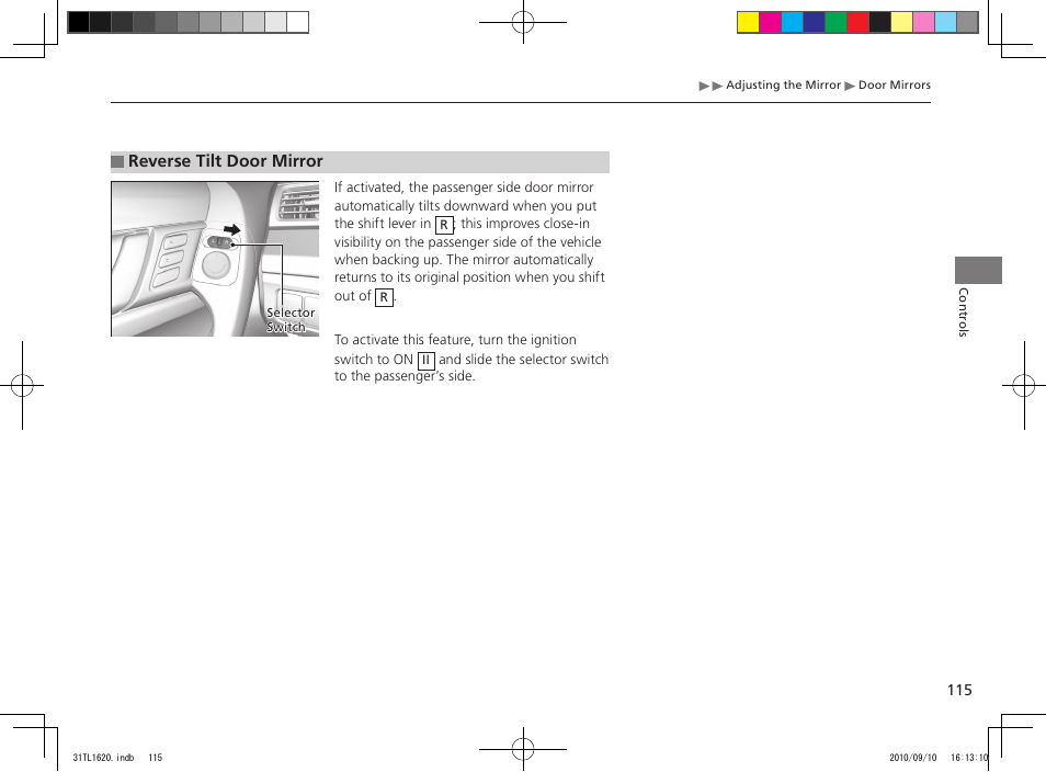 Reverse tilt door mirror | Acura 2011 TSX User Manual | Page 117 / 325