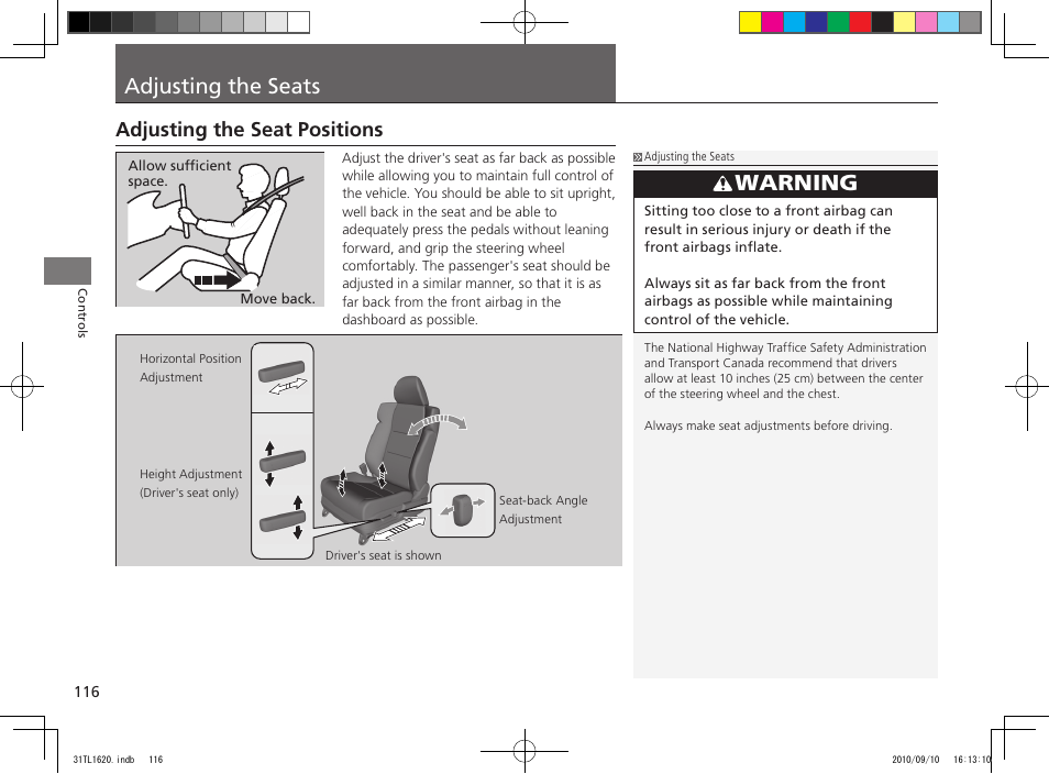 Adjusting the seats, Warning, Adjusting the seat positions | Acura 2011 TSX User Manual | Page 118 / 325