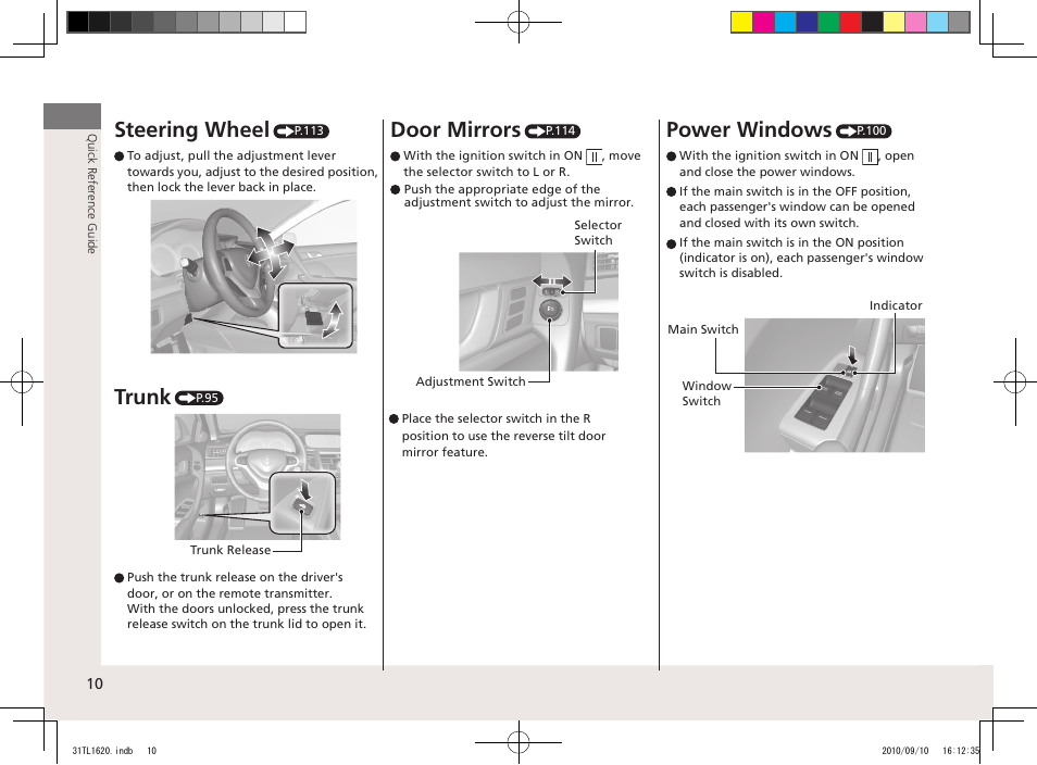 Steering wheel, Trunk, Door mirrors | Power windows | Acura 2011 TSX User Manual | Page 12 / 325