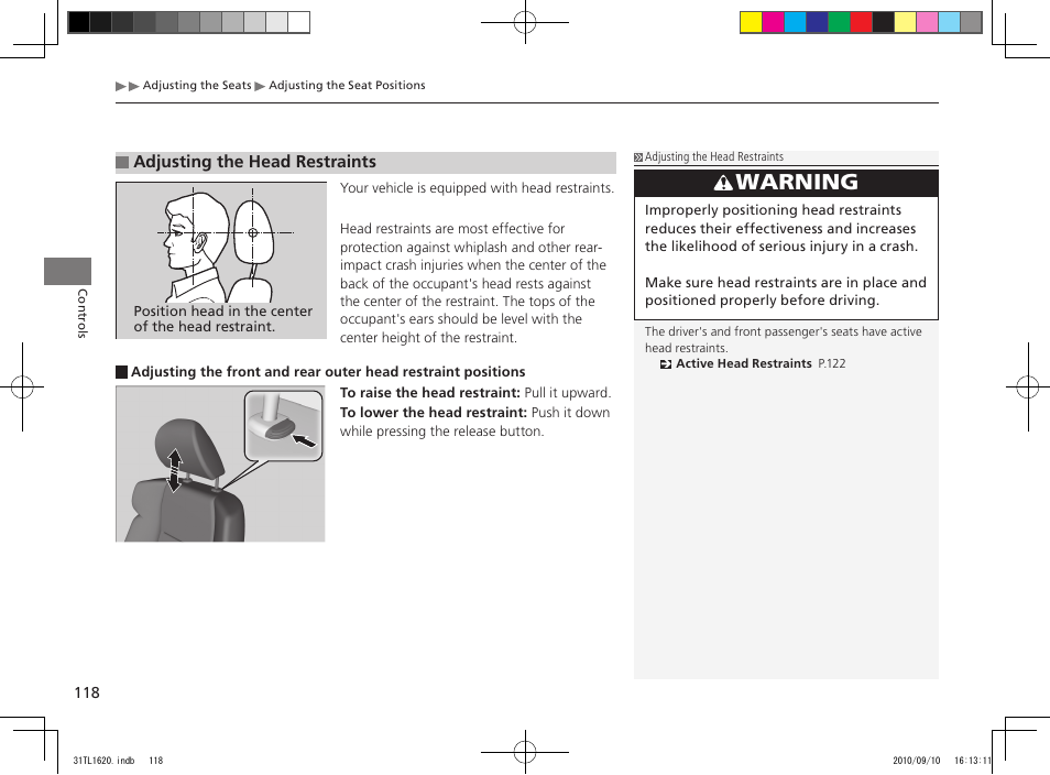 Warning, Adjusting the head restraints | Acura 2011 TSX User Manual | Page 120 / 325