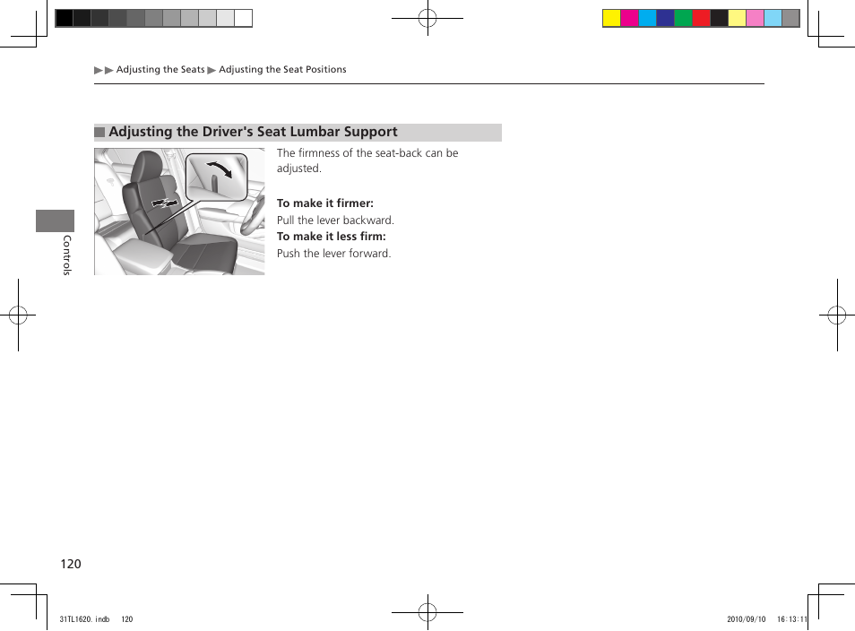 Adjusting the driver's seat lumbar support | Acura 2011 TSX User Manual | Page 122 / 325