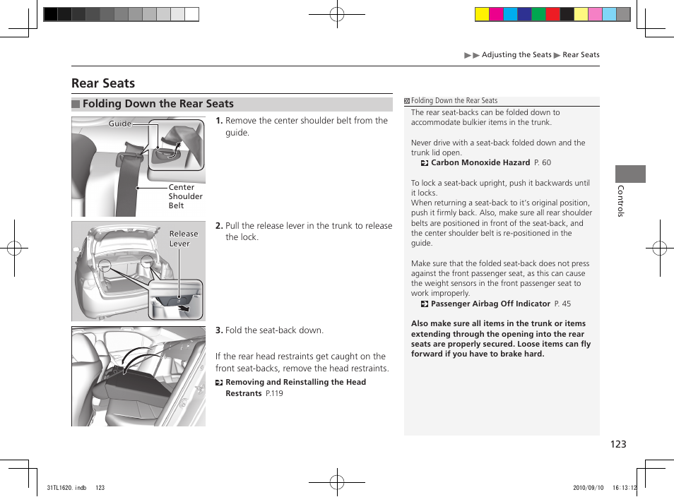 Rear seats, Folding down the rear seats | Acura 2011 TSX User Manual | Page 125 / 325