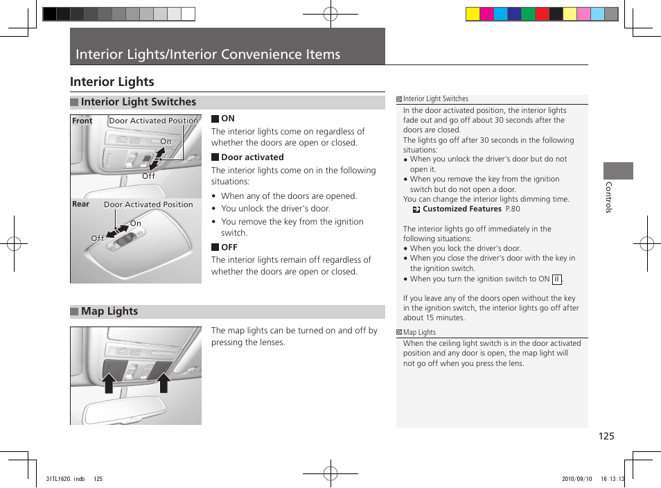Interior lights/interior convenience items, Interior lights | Acura 2011 TSX User Manual | Page 127 / 325