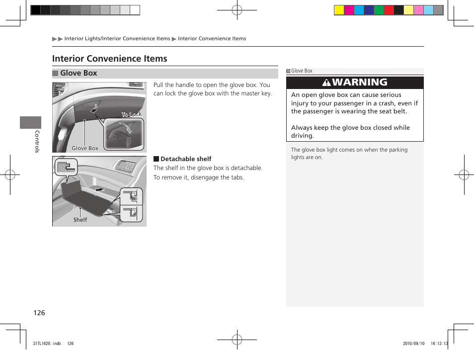 Warning, Interior convenience items | Acura 2011 TSX User Manual | Page 128 / 325