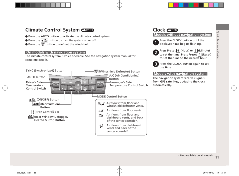 Climate control system, Clock | Acura 2011 TSX User Manual | Page 13 / 325