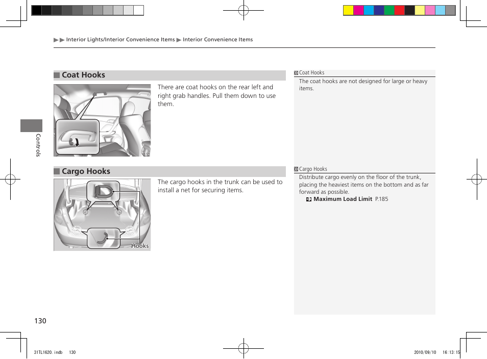 Coat hooks, Cargo hooks | Acura 2011 TSX User Manual | Page 132 / 325