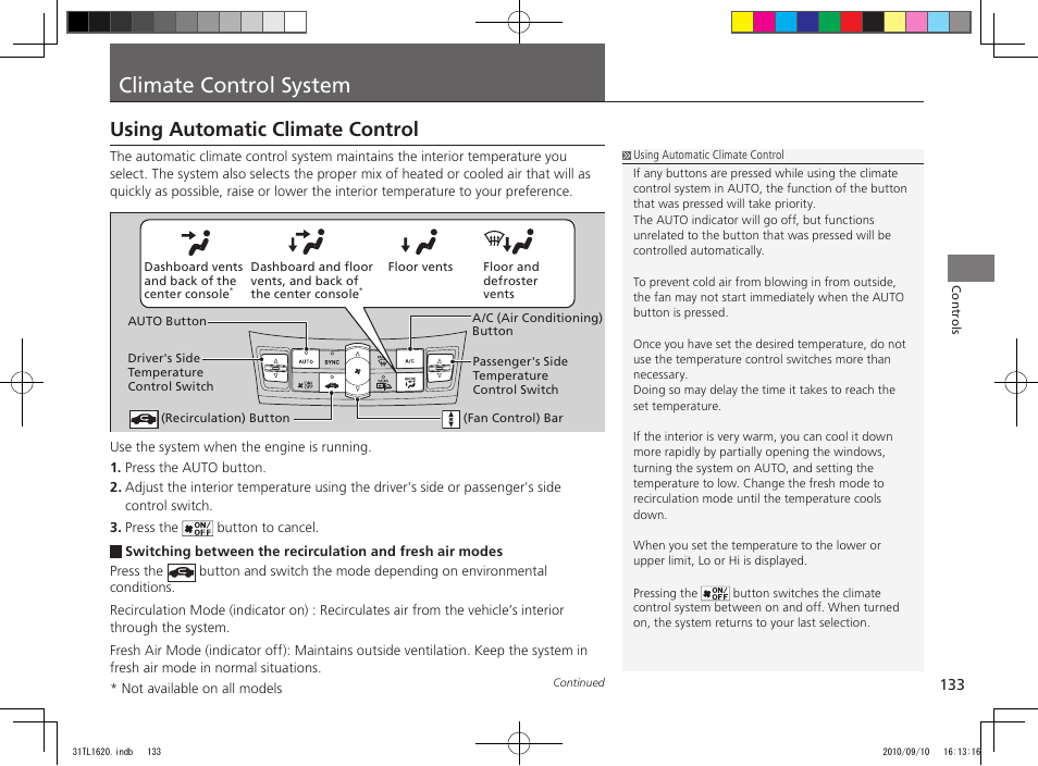 Climate control system, Using automatic climate control | Acura 2011 TSX User Manual | Page 135 / 325