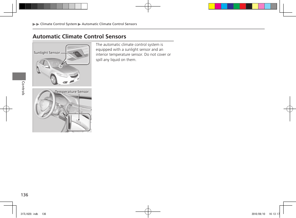 Automatic climate control sensors | Acura 2011 TSX User Manual | Page 138 / 325