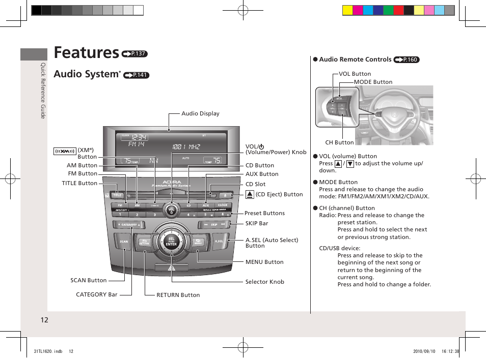 Features, Audio system | Acura 2011 TSX User Manual | Page 14 / 325