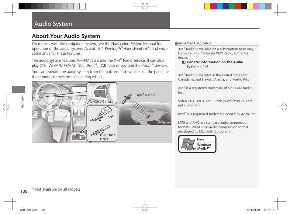 Audio system, About your audio system | Acura 2011 TSX User Manual | Page 140 / 325