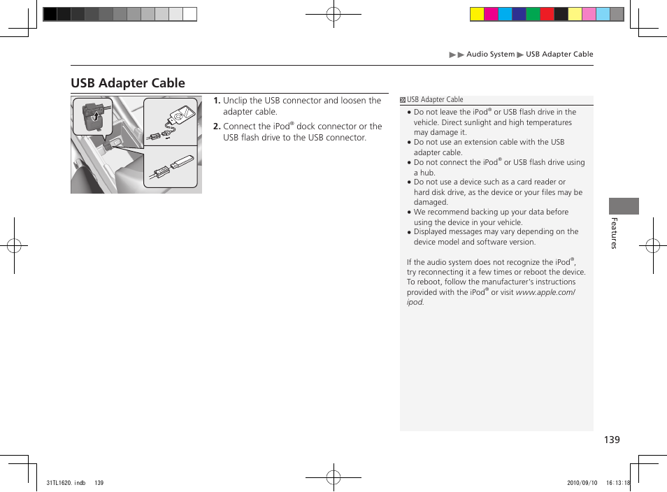 Usb adapter cable | Acura 2011 TSX User Manual | Page 141 / 325