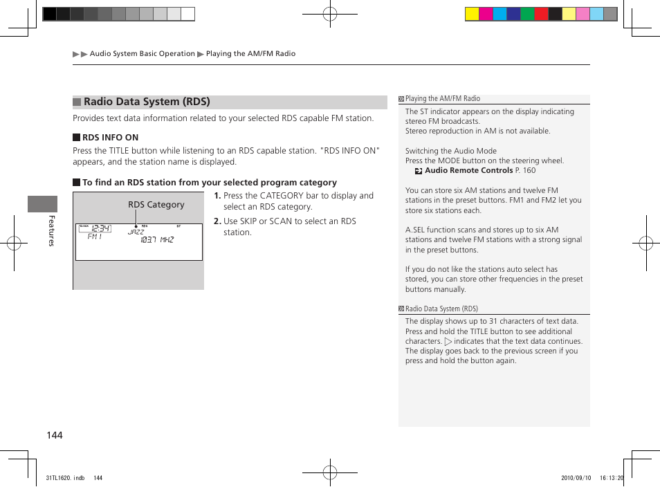 Radio data system (rds) | Acura 2011 TSX User Manual | Page 146 / 325