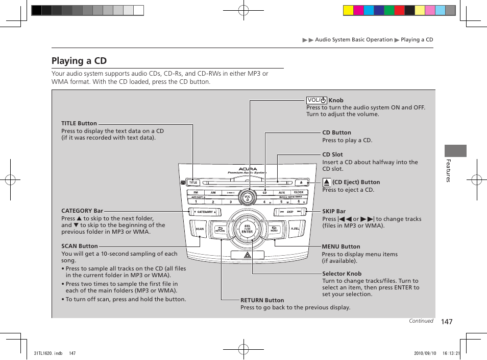 Playing a cd | Acura 2011 TSX User Manual | Page 149 / 325