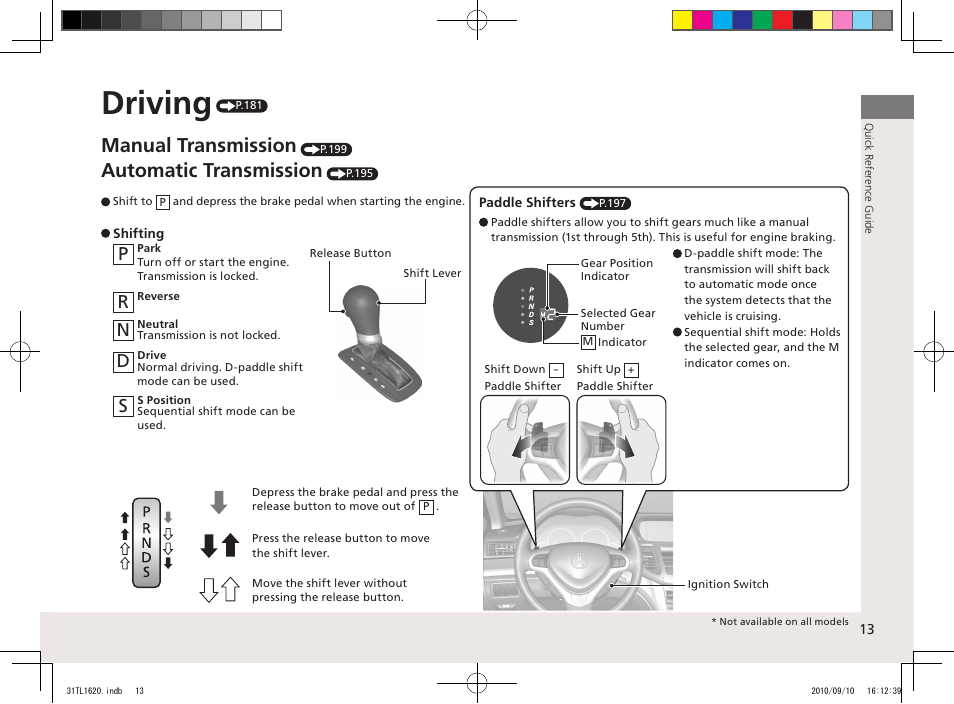 Driving, Manual transmission, Automatic transmission | Acura 2011 TSX User Manual | Page 15 / 325