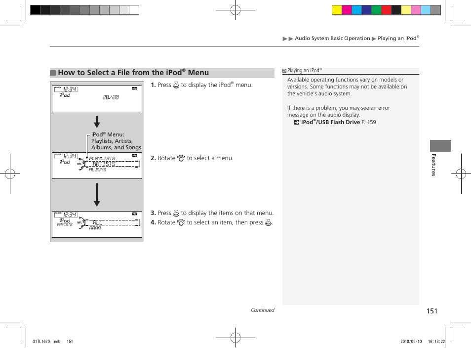 How to select a file from the ipod, Menu | Acura 2011 TSX User Manual | Page 153 / 325