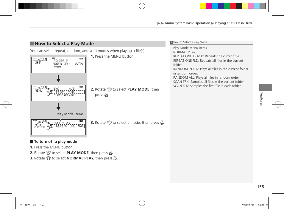 How to select a play mode | Acura 2011 TSX User Manual | Page 157 / 325