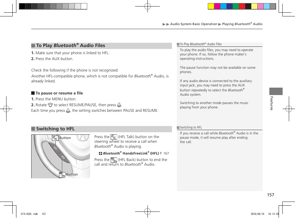 Audio files, Switching to hfl | Acura 2011 TSX User Manual | Page 159 / 325