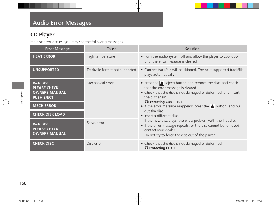 Audio error messages, Cd player | Acura 2011 TSX User Manual | Page 160 / 325