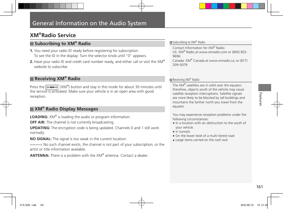 General information on the audio system, Radio service, Subscribing to xm | Radio, Receiving xm, Radio display messages | Acura 2011 TSX User Manual | Page 163 / 325
