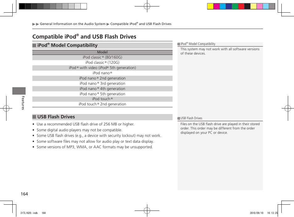 Compatible ipod, And usb flash drives, Ipod | Model compatibility usb flash drives | Acura 2011 TSX User Manual | Page 166 / 325