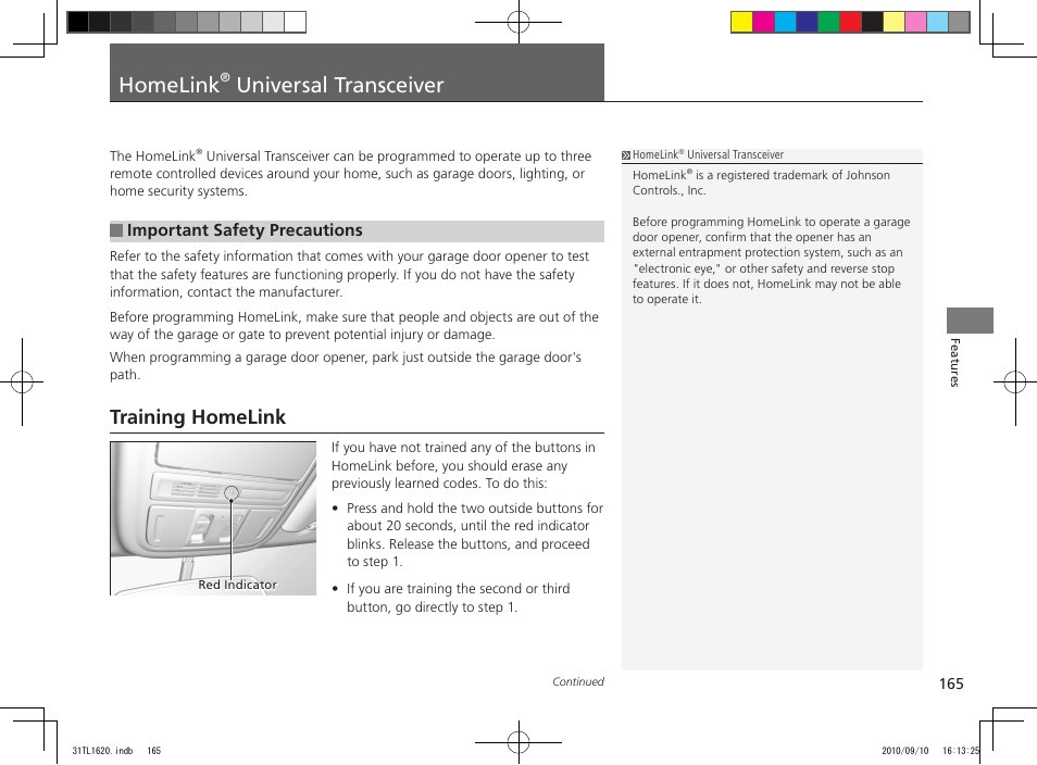 Homelink, Universal transceiver, Training homelink | Acura 2011 TSX User Manual | Page 167 / 325