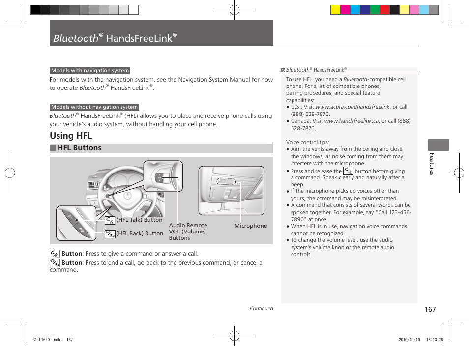 Bluetooth, Handsfreelink, Using hfl | Hfl buttons | Acura 2011 TSX User Manual | Page 169 / 325