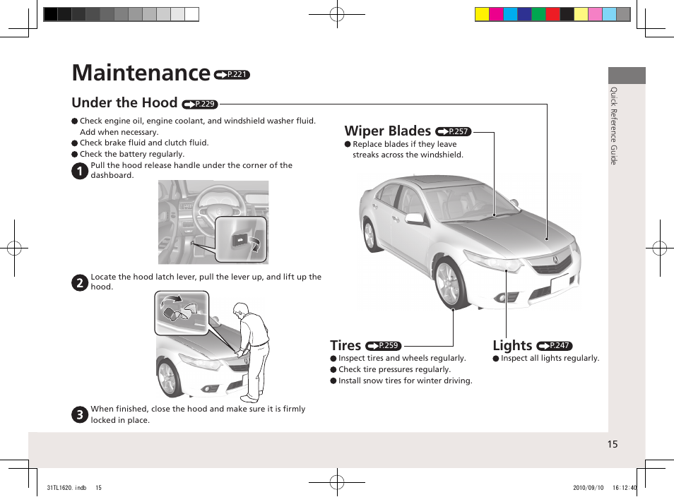 Maintenance, Wiper blades, Lights | Tires, Under the hood | Acura 2011 TSX User Manual | Page 17 / 325