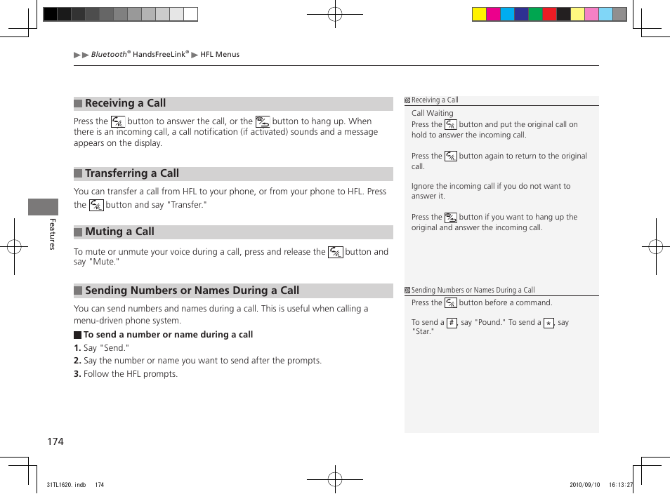 Receiving a call, Transferring a call, Muting a call | Sending numbers or names during a call | Acura 2011 TSX User Manual | Page 176 / 325