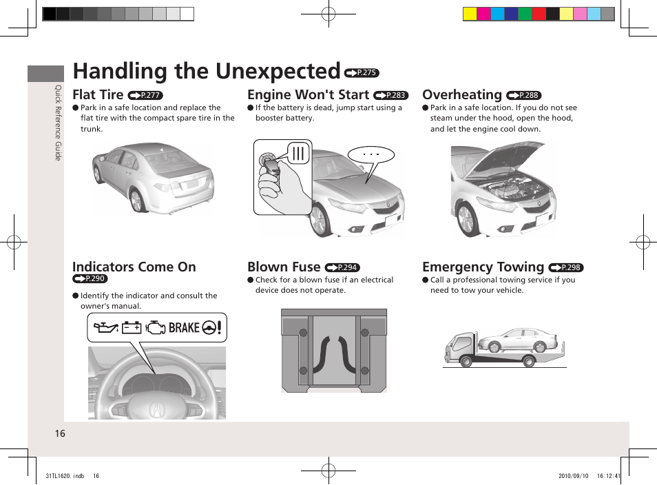 Handling the unexpected, Flat tire, Engine won't start | Overheating, Indicators come on, Blown fuse, Emergency towing | Acura 2011 TSX User Manual | Page 18 / 325