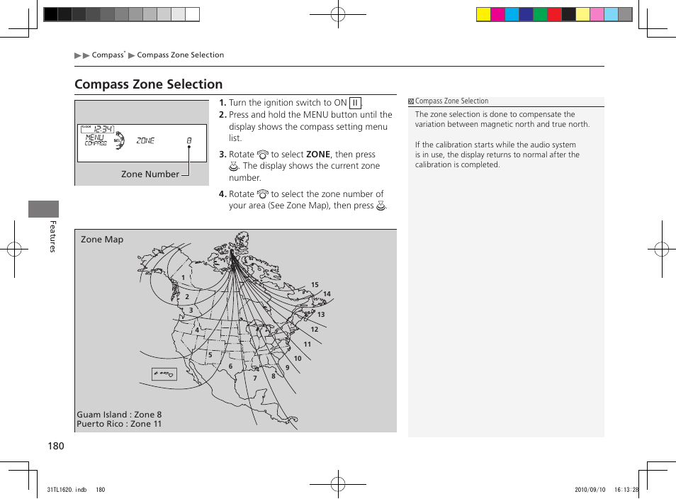 Compass zone selection | Acura 2011 TSX User Manual | Page 182 / 325