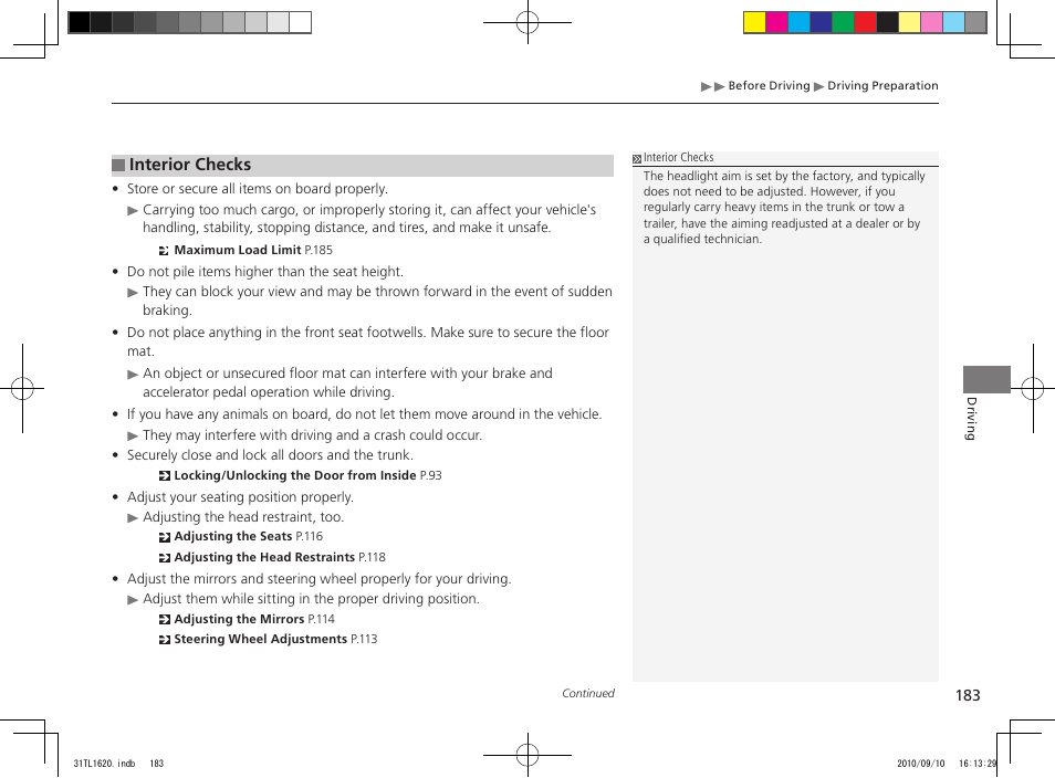 Interior checks | Acura 2011 TSX User Manual | Page 185 / 325