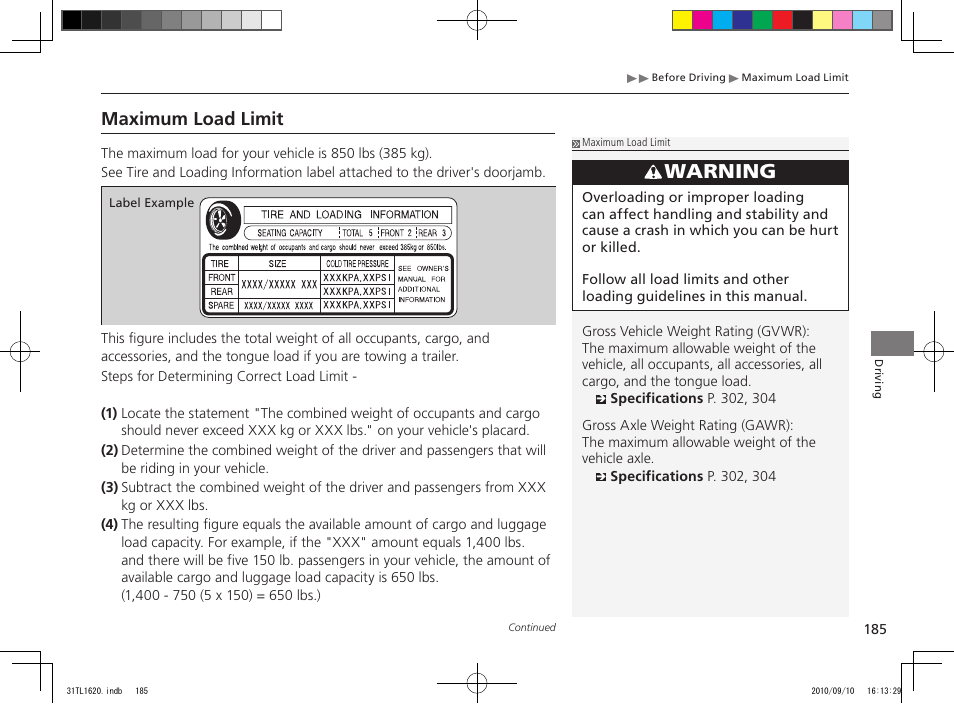 Warning, Maximum load limit | Acura 2011 TSX User Manual | Page 187 / 325