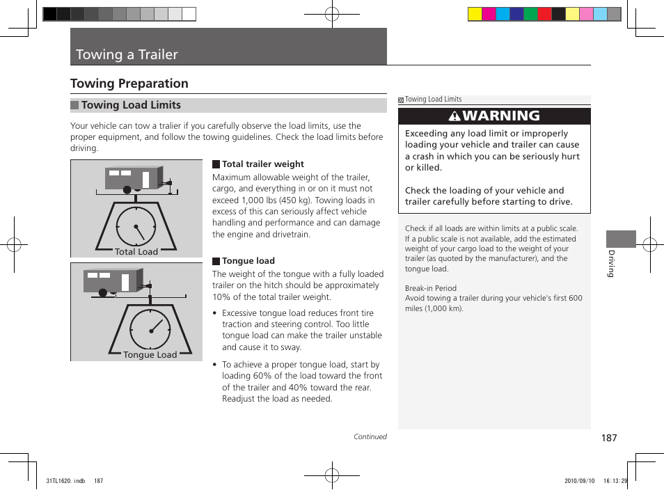 Towing a trailer, Warning, Towing preparation | Acura 2011 TSX User Manual | Page 189 / 325