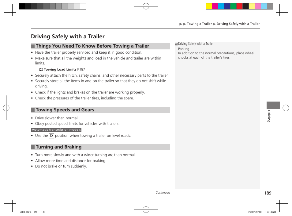 Driving safely with a trailer | Acura 2011 TSX User Manual | Page 191 / 325