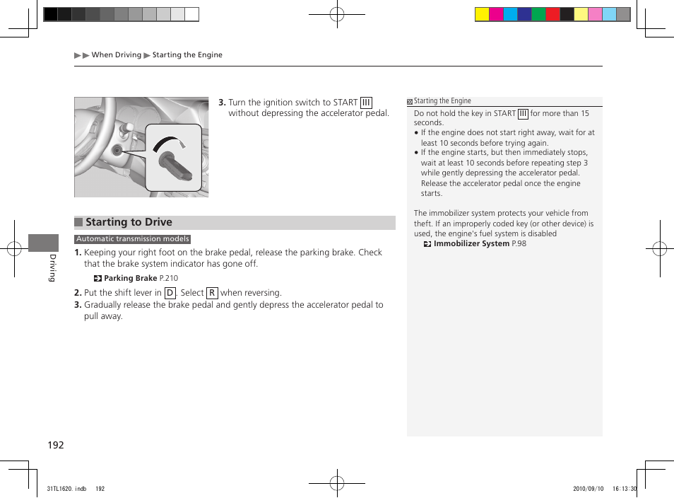 Starting to drive | Acura 2011 TSX User Manual | Page 194 / 325