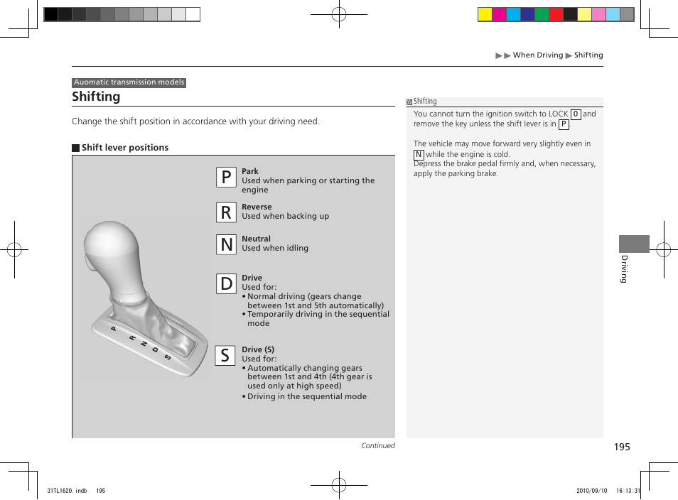 Pr n d s, Shifting | Acura 2011 TSX User Manual | Page 197 / 325