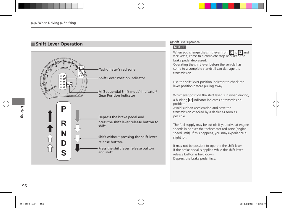 Shift lever operation | Acura 2011 TSX User Manual | Page 198 / 325