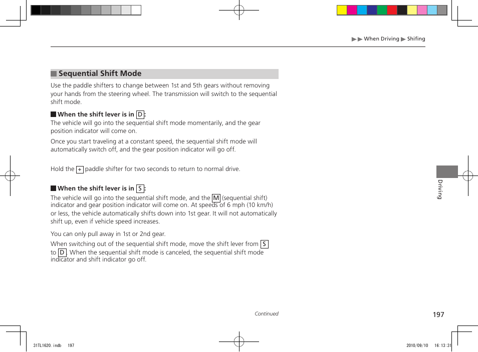 Sequential shift mode | Acura 2011 TSX User Manual | Page 199 / 325