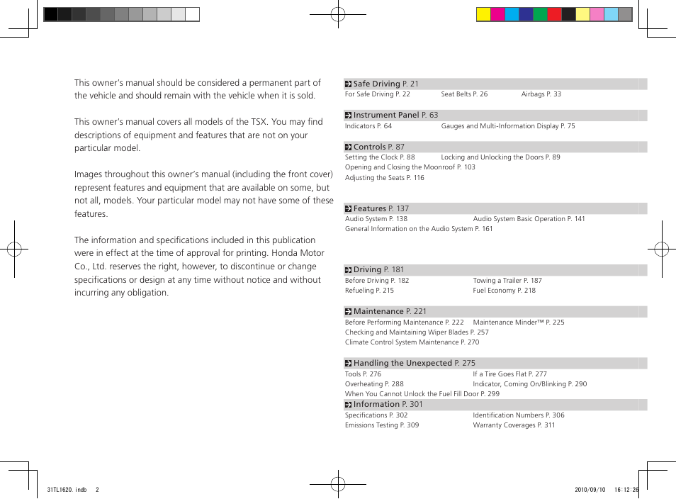 Acura 2011 TSX User Manual | Page 2 / 325