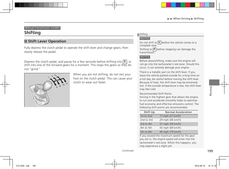 Shifting, Shift lever operation | Acura 2011 TSX User Manual | Page 201 / 325