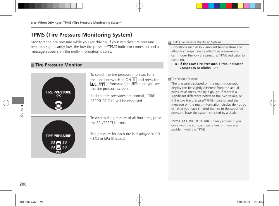 Tpms (tire pressure monitoring system), Tire pressure monitor | Acura 2011 TSX User Manual | Page 208 / 325
