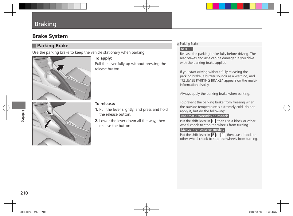 Braking, Brake system | Acura 2011 TSX User Manual | Page 212 / 325