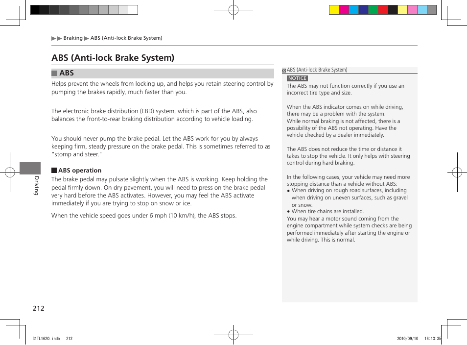 Abs (anti-lock brake system) | Acura 2011 TSX User Manual | Page 214 / 325