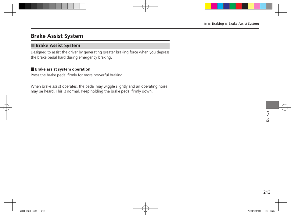 Brake assist system | Acura 2011 TSX User Manual | Page 215 / 325