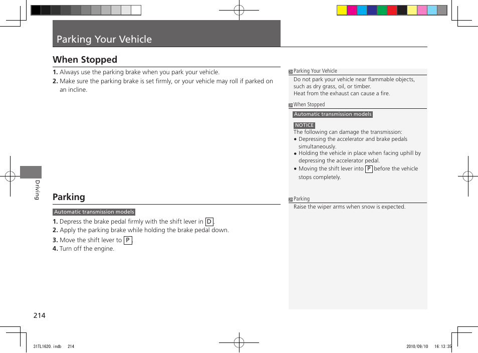 Parking your vehicle, When stopped, Parking | Acura 2011 TSX User Manual | Page 216 / 325